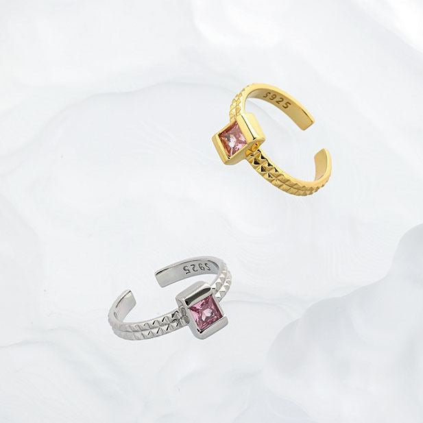 Lovcia Pink CZ Square 925 Sterling Silver Adjustable Ring-Rings-Yellow Gold-Yellow Gold