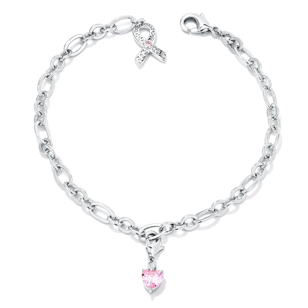 Lovcia Pink Heart Charm Bracelet for Breast Cancer Awareness-Bracelets-