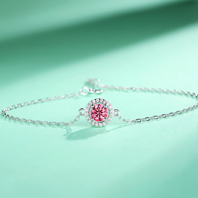 Lovcia Pink Moissanite CZ Round 925 Silver Bracelet-Bracelets-0.5CT Moissanite CZ (Certificate Included)-0.5CT Moissanite CZ (Certificate Included)