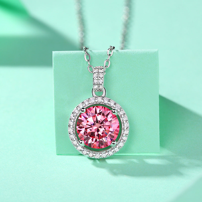Lovcia Pink Round Moissanite CZ Necklace 925 Silver-Necklaces-3 ct ( Certificate Included )-3 ct ( Certificate Included )