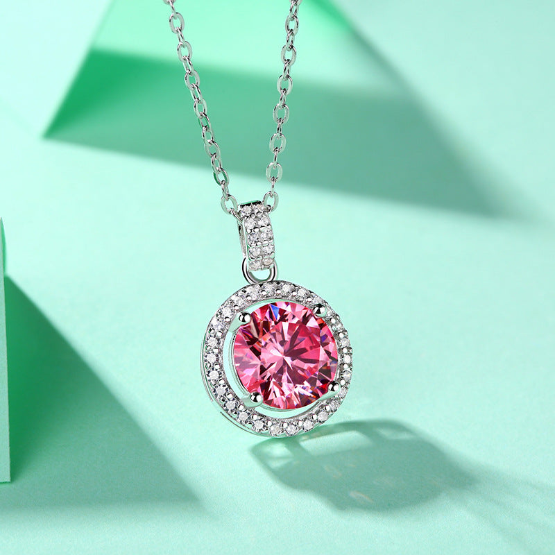 Lovcia Pink Round Moissanite CZ Necklace 925 Silver-Necklaces-3 ct ( Certificate Included )-3 ct ( Certificate Included )