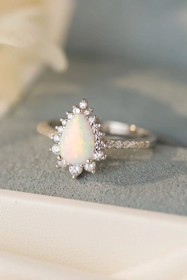 Lovcia Platinum-Plated Opal Pear Shape Ring-Rings-Silver-5-Silver