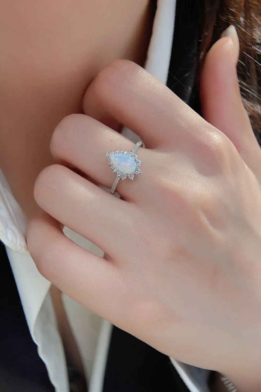 Lovcia Platinum-Plated Opal Pear Shape Ring-Rings-Silver-5-Silver