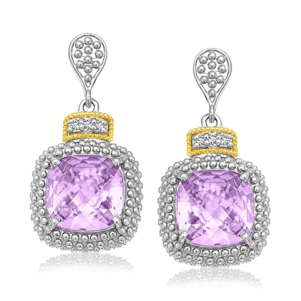 Lovcia Premium Elegant 18k Gold & Sterling Silver Cushion-Cut Amethyst & Diamond Earrings-Earrings-Yellow Gold & Sterling Silver-Yellow Gold & Sterling Silver