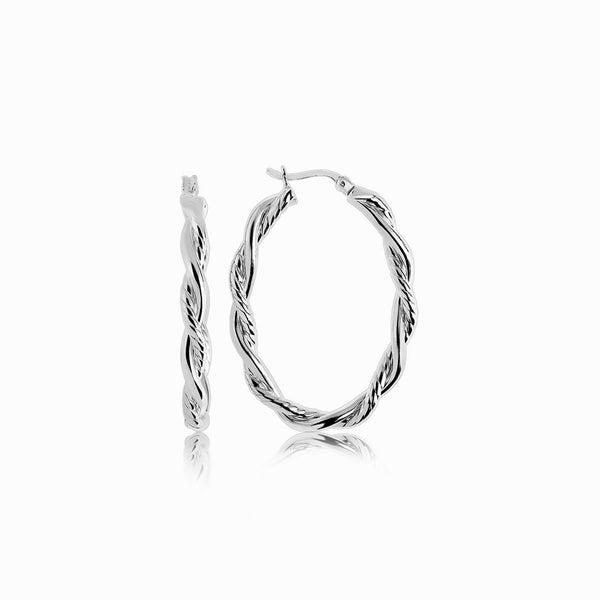 Lovcia Premium Elegant Braided Diamond Cut Oval Sterling Silver Hoop Earrings-Earrings-Sterling Silver-Sterling Silver