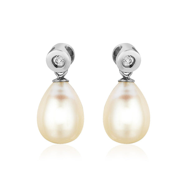 LOVCIA Premium Elegant Sterling Silver and Pear Shaped Freshwater Pearl Earrings with CZ Accents