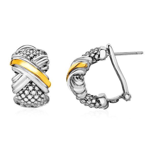 Lovcia Premium Sterling Silver and 18k Gold Popcorn Textured X Motif Earrings with Omega Clasps-Earrings-Yellow Gold & Sterling Silver-Yellow Gold & Sterling Silver
