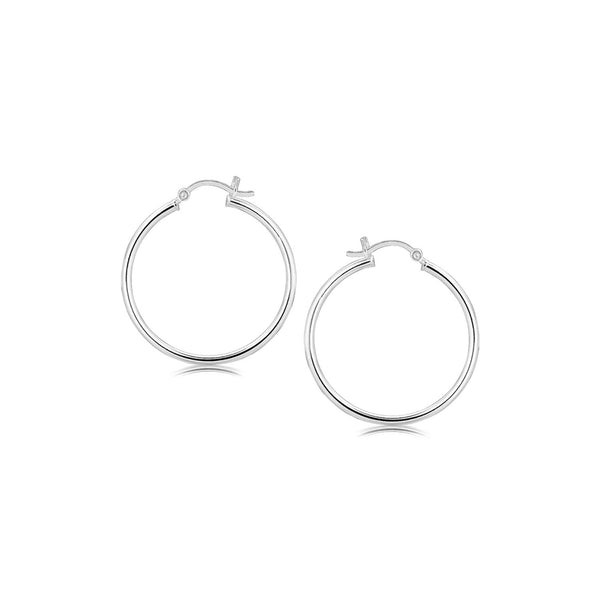 Lovcia Premium Sterling Silver Rhodium-Plated Polished Hoop Earrings with Snap Lock-Earrings-Sterling Silver-Sterling Silver