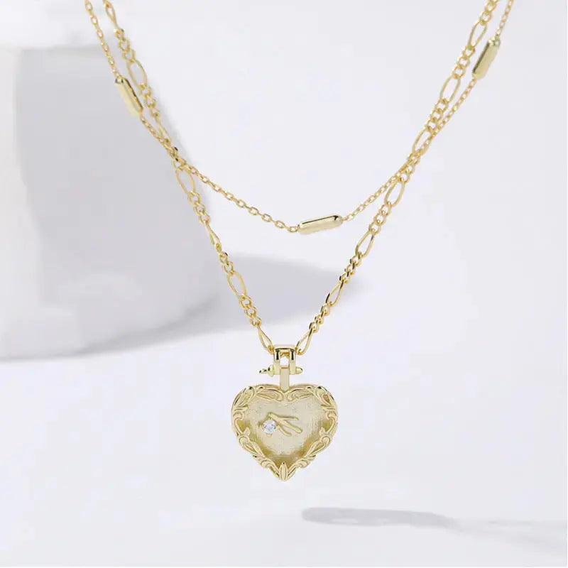 Lovcia Promise Double Layers Irregular Heart CZ 925 Sterling Silver Necklace-Necklaces-Yellow Gold-Yellow Gold