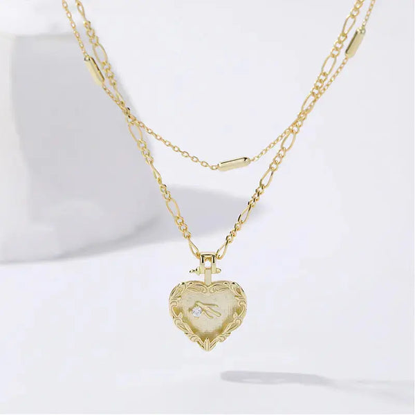 Lovcia Promise Double Layers Irregular Heart CZ 925 Sterling Silver Necklace-Necklaces-Yellow Gold-Yellow Gold