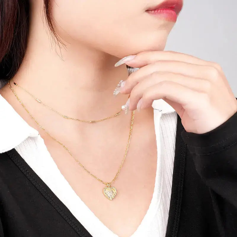 Lovcia Promise Double Layers Irregular Heart CZ 925 Sterling Silver Necklace-Necklaces-Yellow Gold-Yellow Gold