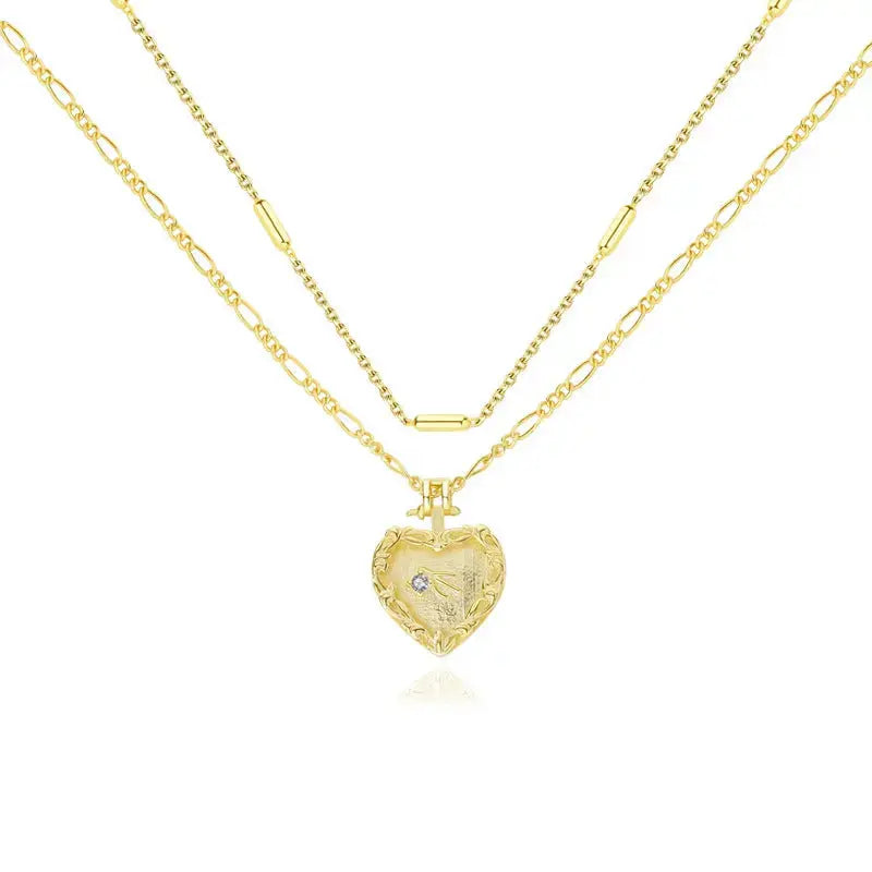 Lovcia Promise Double Layers Irregular Heart CZ 925 Sterling Silver Necklace-Necklaces-Yellow Gold-Yellow Gold