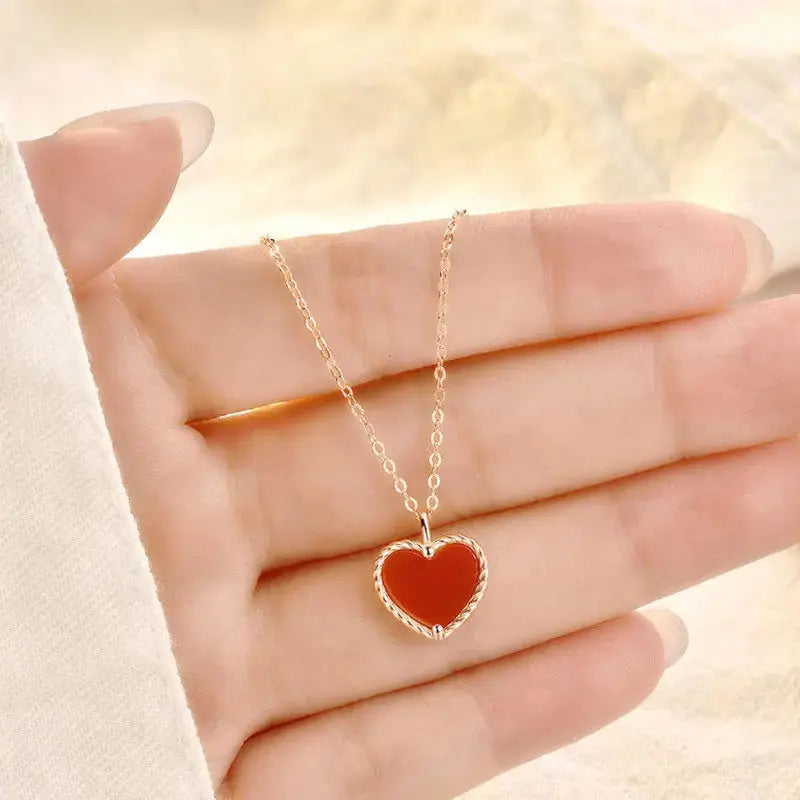 LOVCIA Promise Red Natural Agate Heart 925 Sterling Silver Necklace
