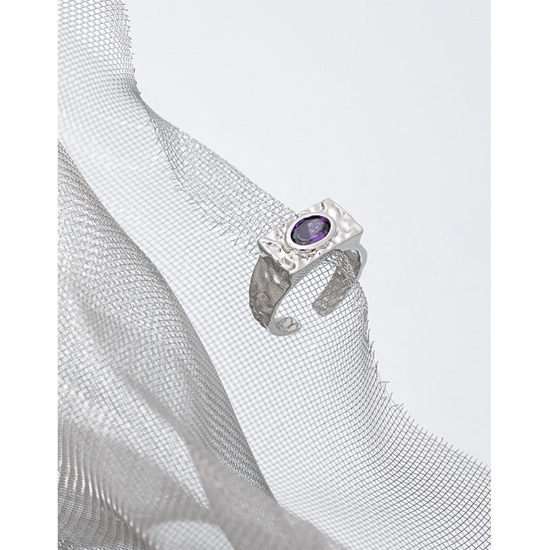 Lovcia Purple Oval CZ Eye Ring 925 Silver Adjustable-Rings-Rhodium-Rhodium