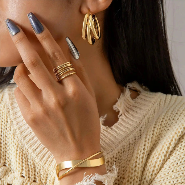 Lovcia Radiant Harmony Gold Plated Jewellery Set - Cuff Bracelet, Hoop Earrings, and Stackable Ring for Women-Bracelets-Gold-Gold