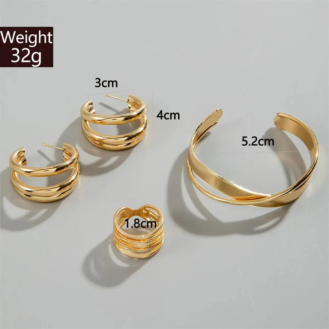 Lovcia Radiant Harmony Gold Plated Jewellery Set - Cuff Bracelet, Hoop Earrings, and Stackable Ring for Women-Bracelets-Gold-Gold