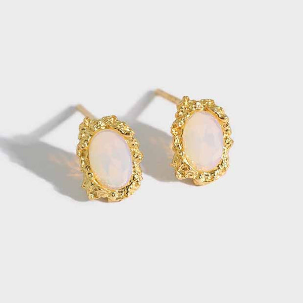 Lovcia Radiant Oval Created Opal Sterling Silver Stud Earrings for Women with 18K Gold/Rhodium Plating-Earrings-Yellow Gold-Yellow Gold
