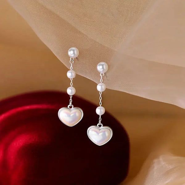 Lovcia Radiant Romance Heartfelt Shell Pearls 925 Sterling Silver Dangle Earrings-Earrings-Rhodium-Rhodium