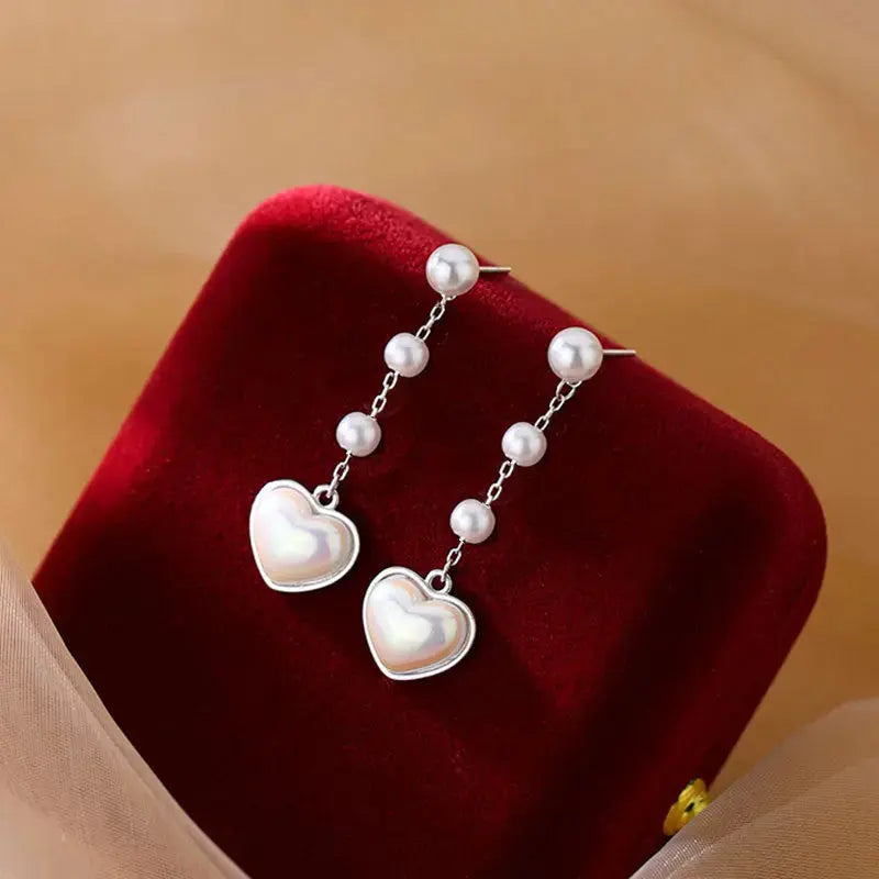 Lovcia Radiant Romance Heartfelt Shell Pearls 925 Sterling Silver Dangle Earrings-Earrings-Rhodium-Rhodium