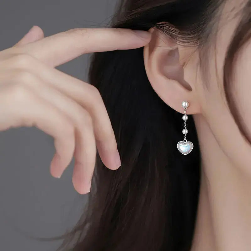 Lovcia Radiant Romance Heartfelt Shell Pearls 925 Sterling Silver Dangle Earrings-Earrings-Rhodium-Rhodium