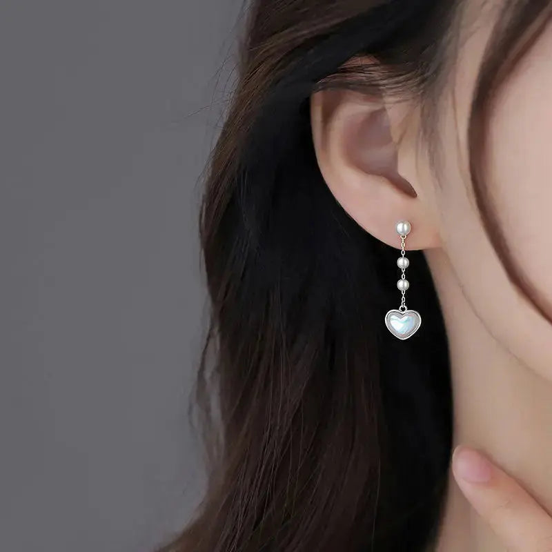 Lovcia Radiant Romance Heartfelt Shell Pearls 925 Sterling Silver Dangle Earrings-Earrings-Rhodium-Rhodium