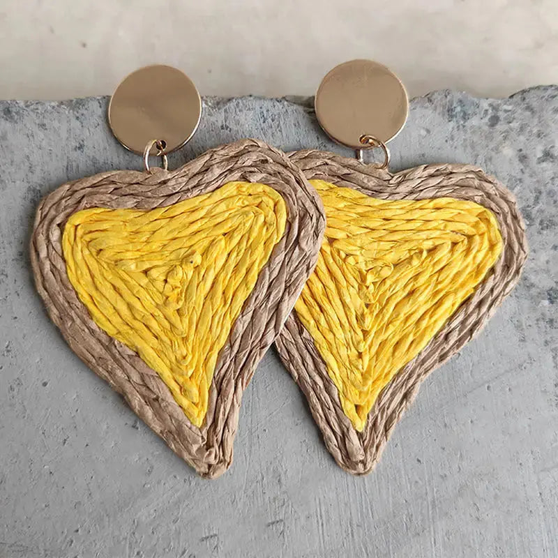 Lovcia Raffia Grass Heart Teardrop Earrings-Earrings-Banana Yellow-One Size-Banana Yellow