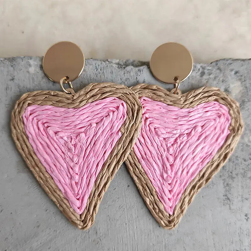 Lovcia Raffia Grass Heart Teardrop Earrings-Earrings-Carnation Pink-One Size-Carnation Pink