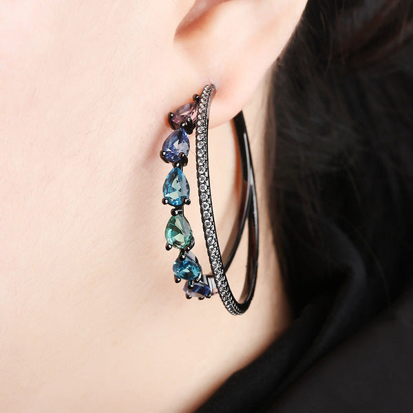 Lovcia Rainbow Style Multi-Stone Hoop Earrings for Women with Zirconia Crystals Rows-Earrings-Blue black gold-Blue black gold