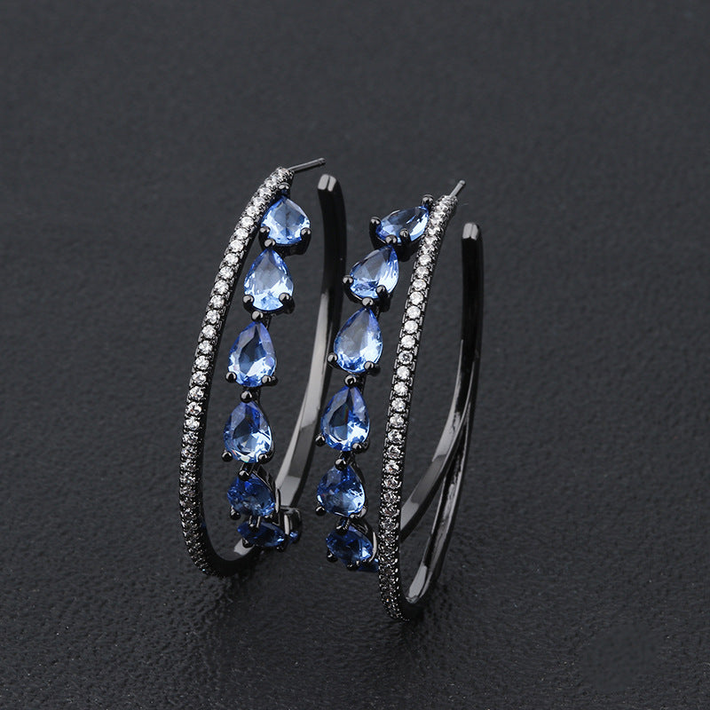Lovcia Rainbow Style Multi-Stone Hoop Earrings for Women with Zirconia Crystals Rows-Earrings-Blue black gold-Blue black gold