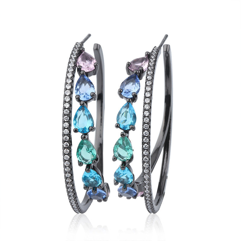 Lovcia Rainbow Style Multi-Stone Hoop Earrings for Women with Zirconia Crystals Rows-Earrings-Blue black gold-Blue black gold