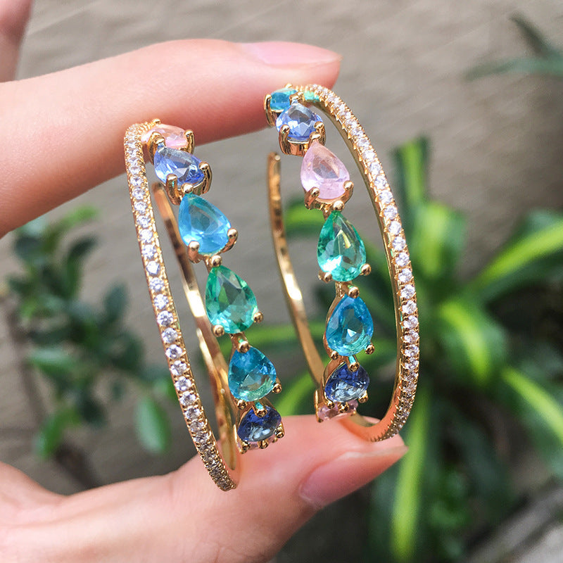 Lovcia Rainbow Style Multi-Stone Hoop Earrings for Women with Zirconia Crystals Rows-Earrings-Gold color matching-Gold color matching