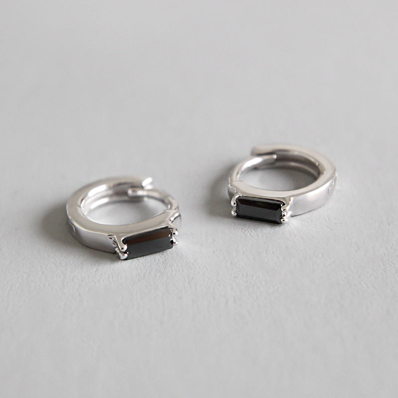 Lovcia Rectangle Black CZ Hoop Earrings 925 Sterling Silver-Earrings-Rhodium-Rhodium