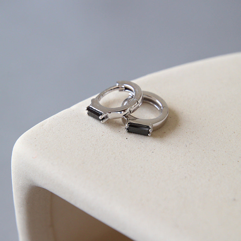 Lovcia Rectangle Black CZ Hoop Earrings 925 Sterling Silver-Earrings-Rhodium-Rhodium
