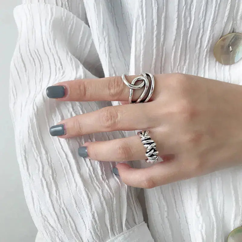 Lovcia Retro Cross Line Unique Design 925 Sterling Silver Adjustable Ring-Rings-