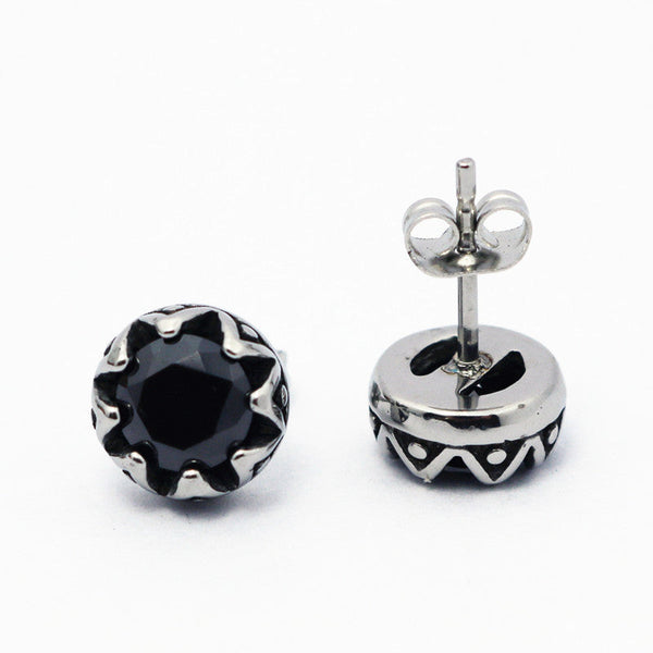 Lovcia Retro Crown Style Titanium Steel Stud Earrings with Diamond Inlay-Earrings-Black-Black