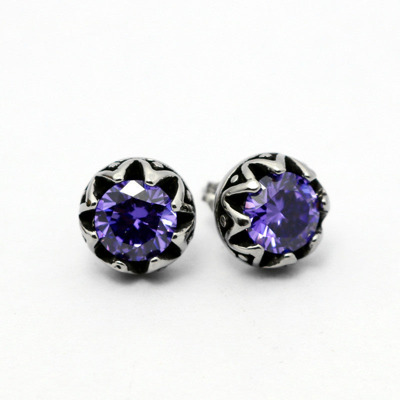 Lovcia Retro Crown Style Titanium Steel Stud Earrings with Diamond Inlay-Earrings-Purple-Purple