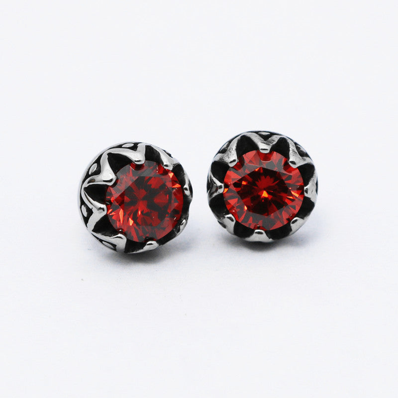 Lovcia Retro Crown Style Titanium Steel Stud Earrings with Diamond Inlay-Earrings-Red-Red