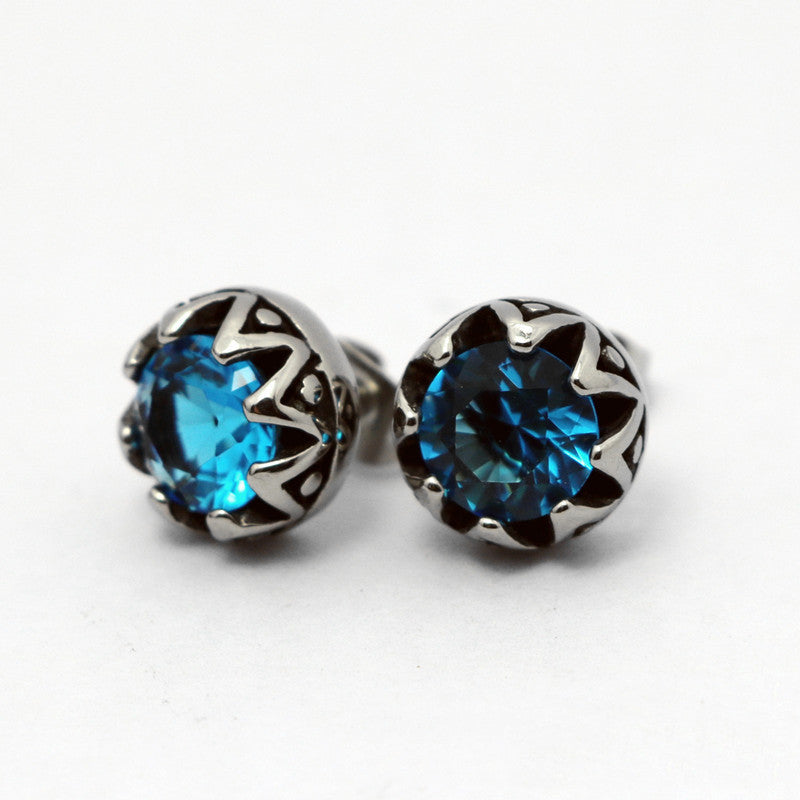 Lovcia Retro Crown Style Titanium Steel Stud Earrings with Diamond Inlay-Earrings-Sea blue-Sea blue
