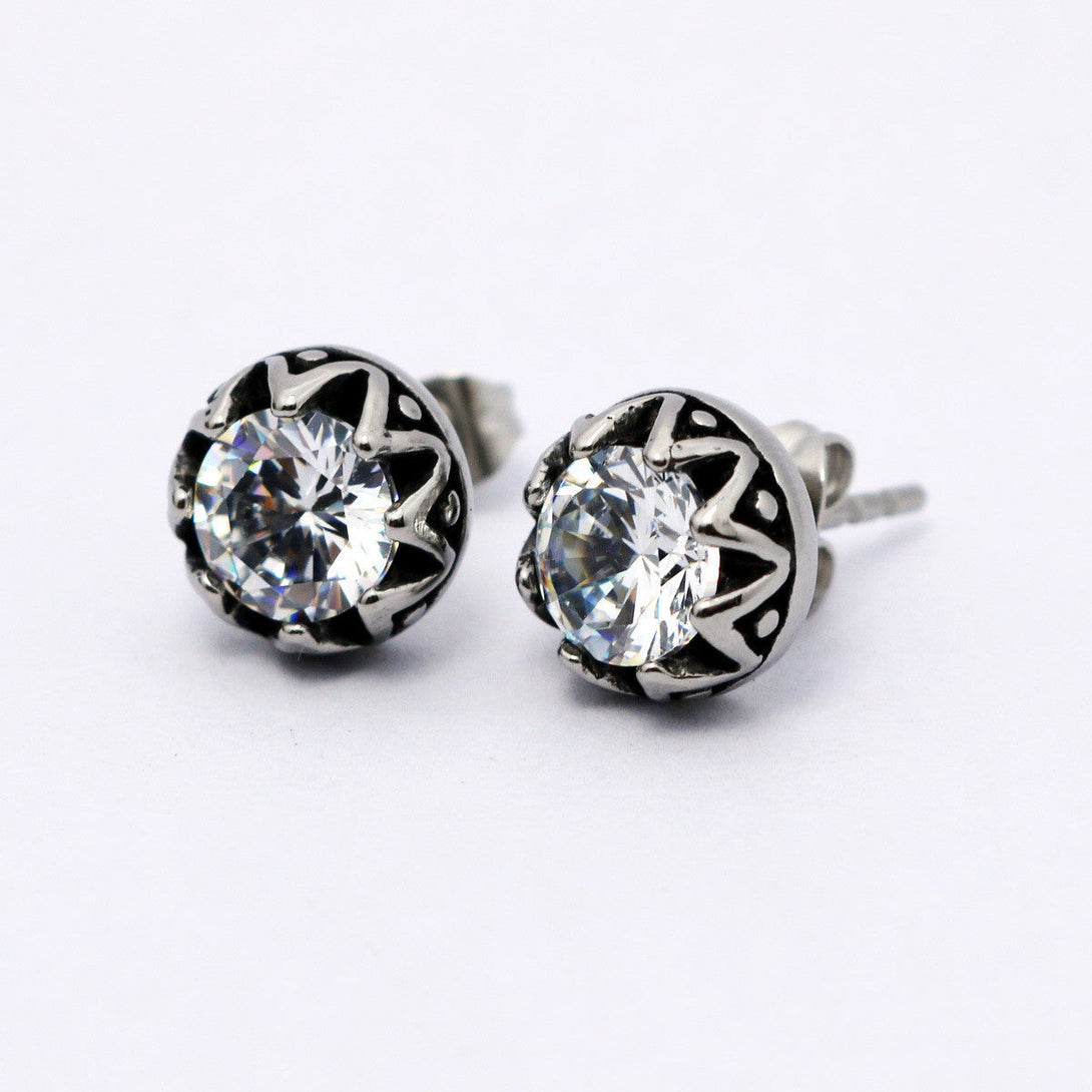 Lovcia Retro Crown Style Titanium Steel Stud Earrings with Diamond Inlay-Earrings-White-White