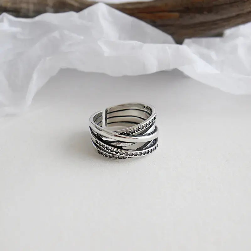 Lovcia Retro CZ Multi Lines Cross 925 Sterling Silver Adjustable Ring-Rings-