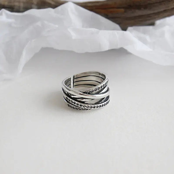 Lovcia Retro CZ Multi Lines Cross 925 Sterling Silver Adjustable Ring-Rings-