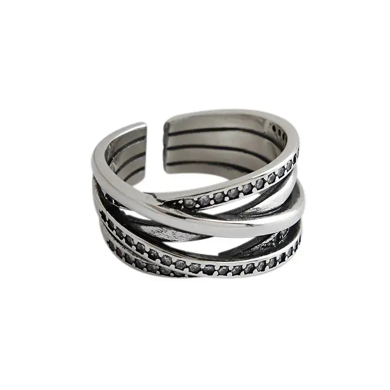 Lovcia Retro CZ Multi Lines Cross 925 Sterling Silver Adjustable Ring-Rings-
