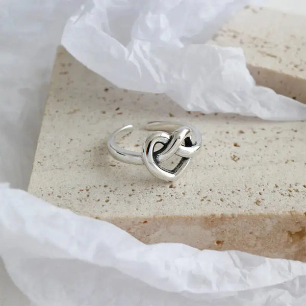 Lovcia Retro Hollow Heart Knot 925 Sterling Silver Adjustable Ring-Rings-