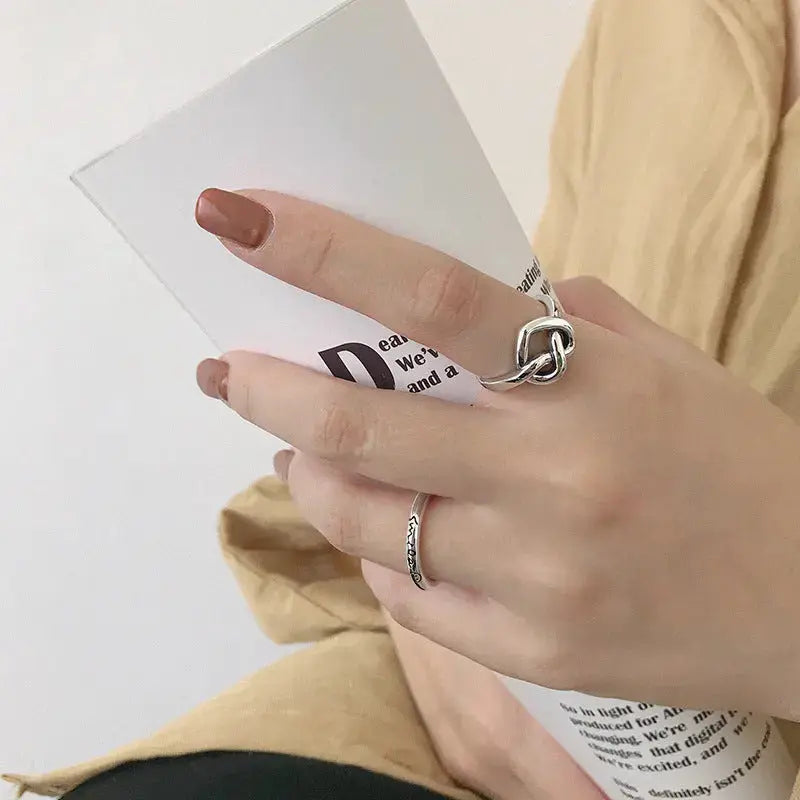 Lovcia Retro Hollow Heart Knot 925 Sterling Silver Adjustable Ring-Rings-
