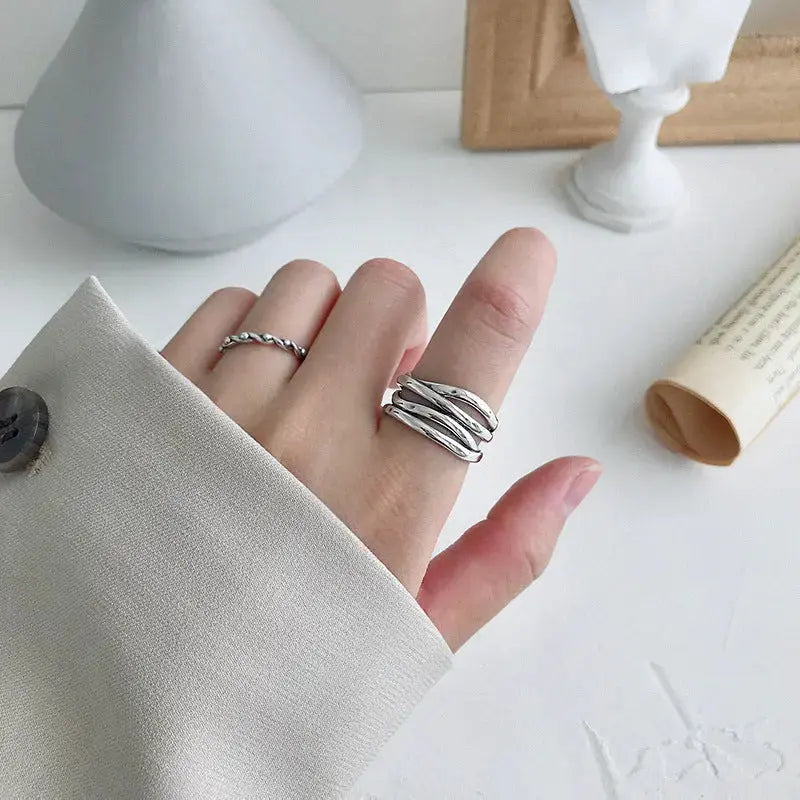 Lovcia Retro Multi Lines Twining 925 Sterling Silver Adjustable Ring-Rings-