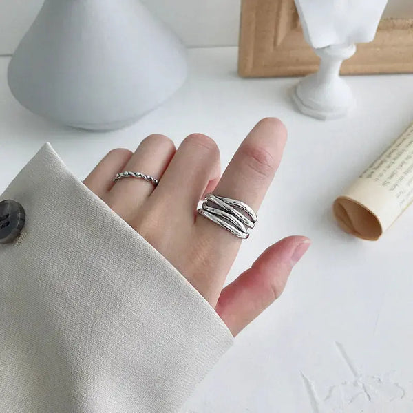 Lovcia Retro Multi Lines Twining 925 Sterling Silver Adjustable Ring-Rings-