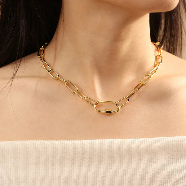 Lovcia Retro Screw Buckle Oval Pendant Necklace for Women-Necklaces-Gold_NE2048-Gold_NE2048