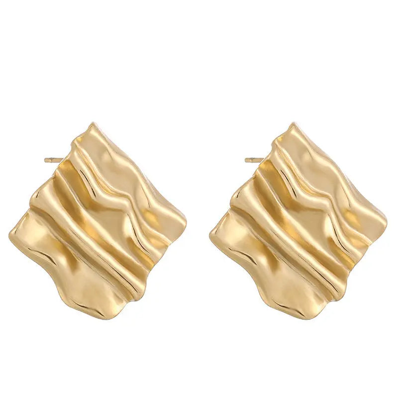 Lovcia Retro Small Rectangular Pleated Stainless Steel Stud Earrings for Women-Earrings-Gold-Gold