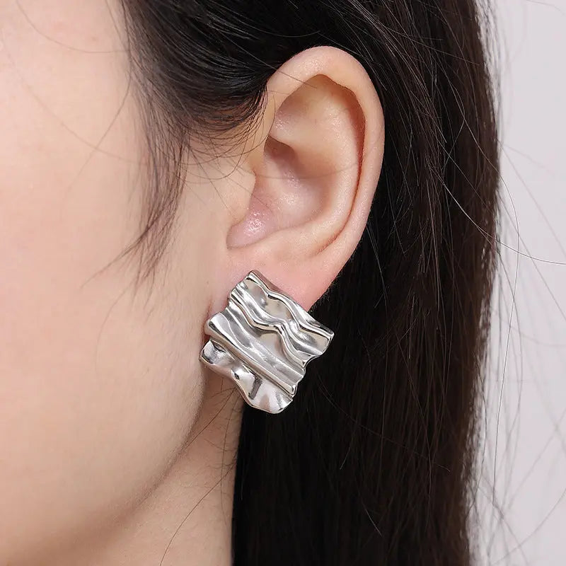 Lovcia Retro Small Rectangular Pleated Stainless Steel Stud Earrings for Women-Earrings-Silver-Silver
