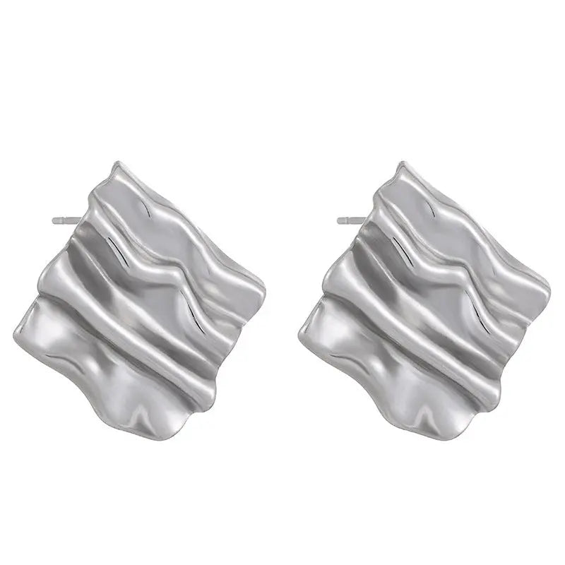 Lovcia Retro Small Rectangular Pleated Stainless Steel Stud Earrings for Women-Earrings-Silver-Silver